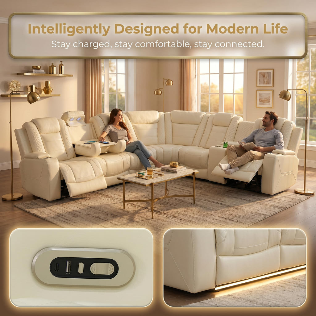 Power Reclining Sectional Sofa, Modern L-Shaped Air Leather Sectional Couch Set, Recliner Sofa Set, with LED Lights, Cup