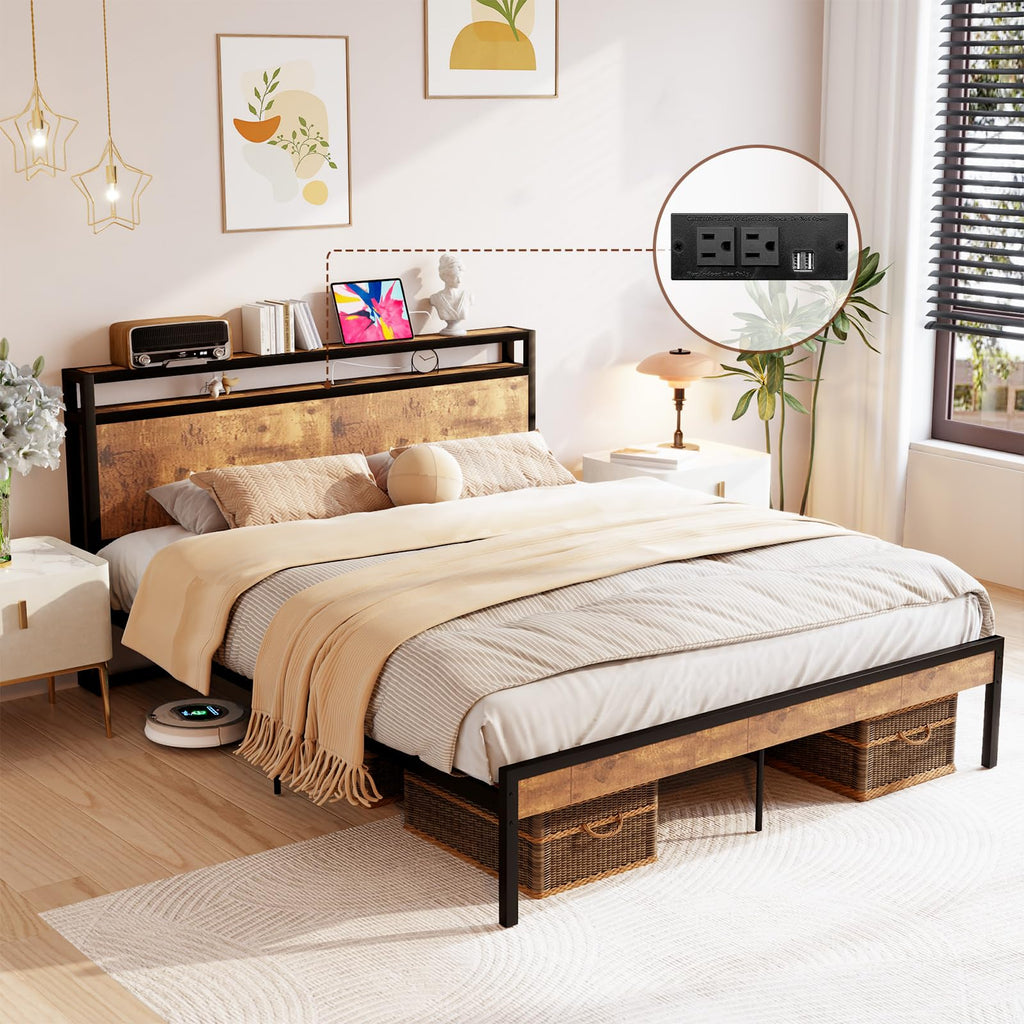 Bed Frame with Headboard Storage, Rustic Brown