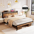Bed Frame with Headboard Storage, Rustic Brown