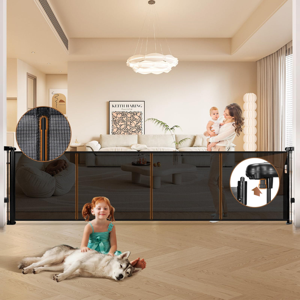 120" Retractable Baby Gate Extra Wide, 41" Tall Retractable Dog Gate for Stairs, Doorways, Decks, Mesh Gate Long