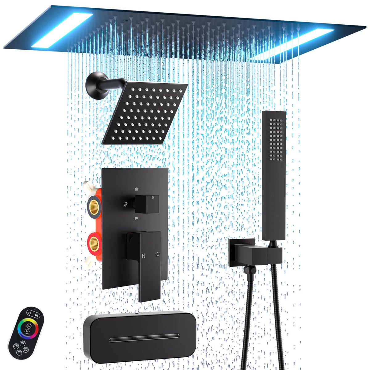 Dual Rain Shower System with Up/Down Waterfall Bathtub Spout, Ceiling Mount 14 x 20 Inch LED Shower Head Rainfall