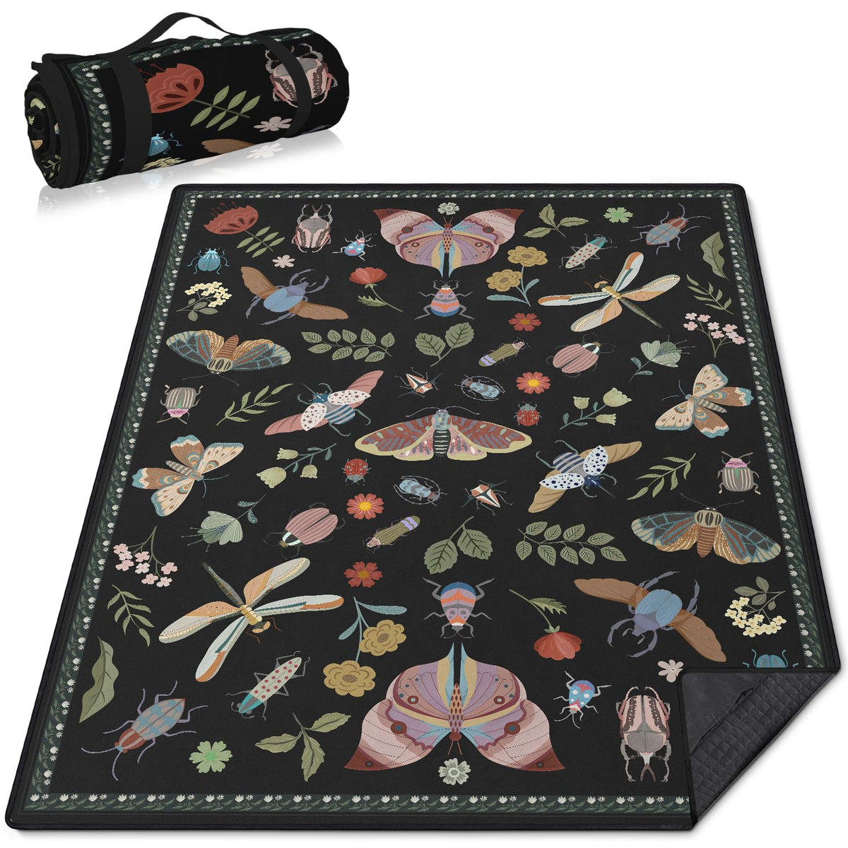Insect Picnic Blankets Waterproof Foldable, 60′′X80′′ Packable Picnic Mat Boho Outdoor Blanket for Grass, Large Beach