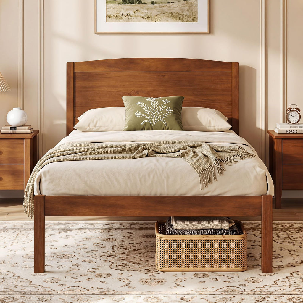 Twin Size Wooden Bed Frame with Curved Headboard, Walnut