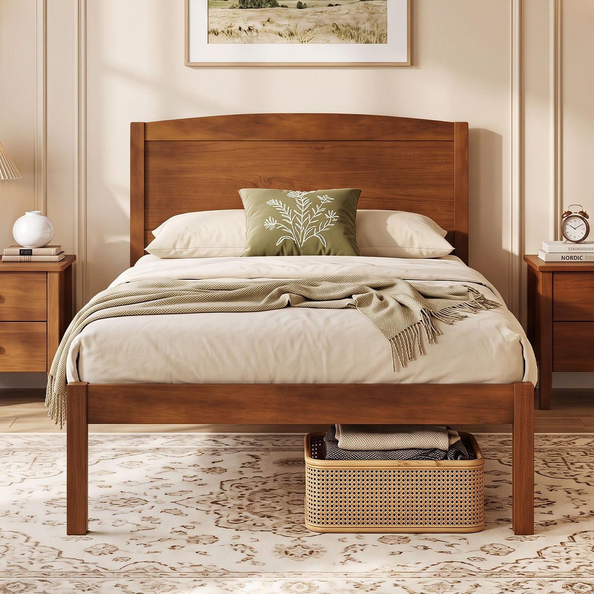 Twin Size Wooden Bed Frame with Curved Headboard, Walnut