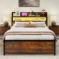 Bed Frame with Storage Headboard, Metal Platform Bed w/LED Light & Charging Station, Heavy Duty Slat