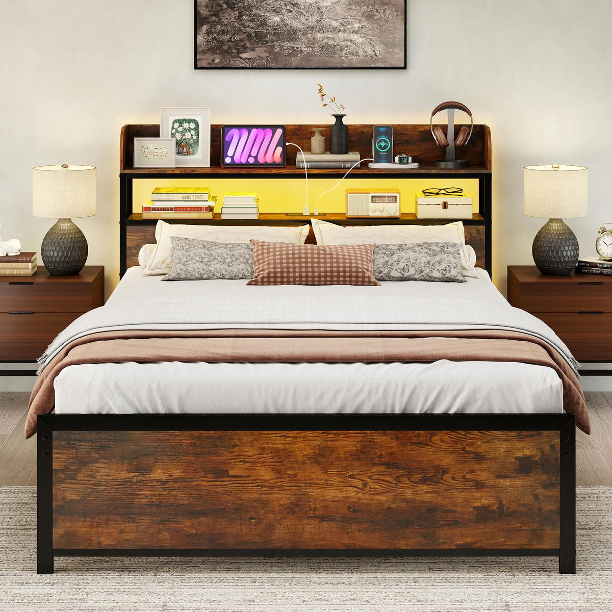 Bed Frame with Storage Headboard, Metal Platform Bed w/LED Light & Charging Station, Heavy Duty Slat