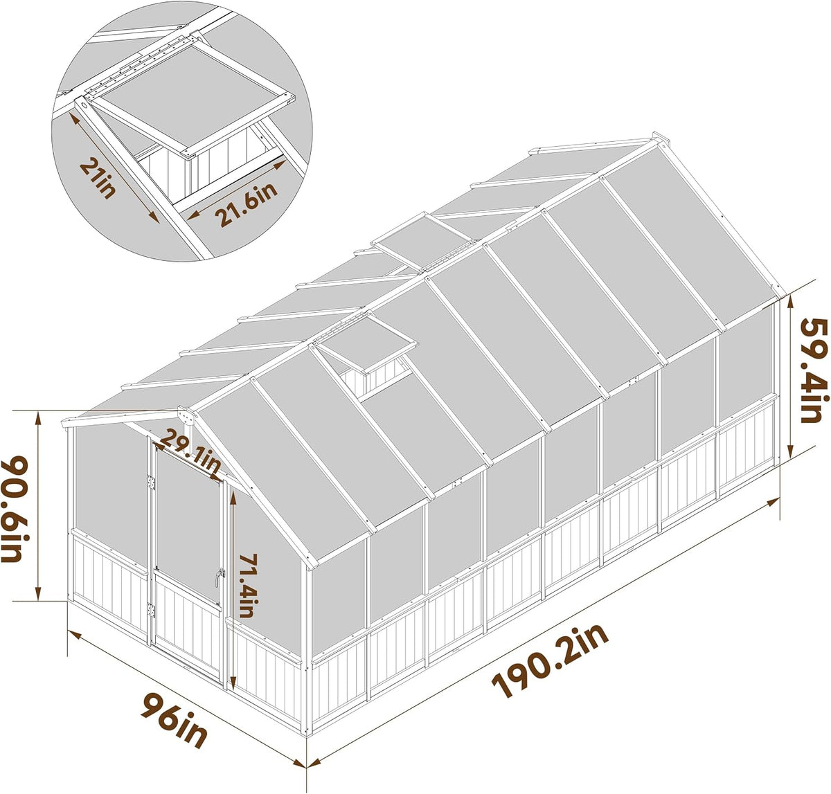 8x16 FT Greenhouse, 6MM Thick Polycarbonate Panel Wooden Walk-in Green House with Adjustable Roof Vents and Lockable