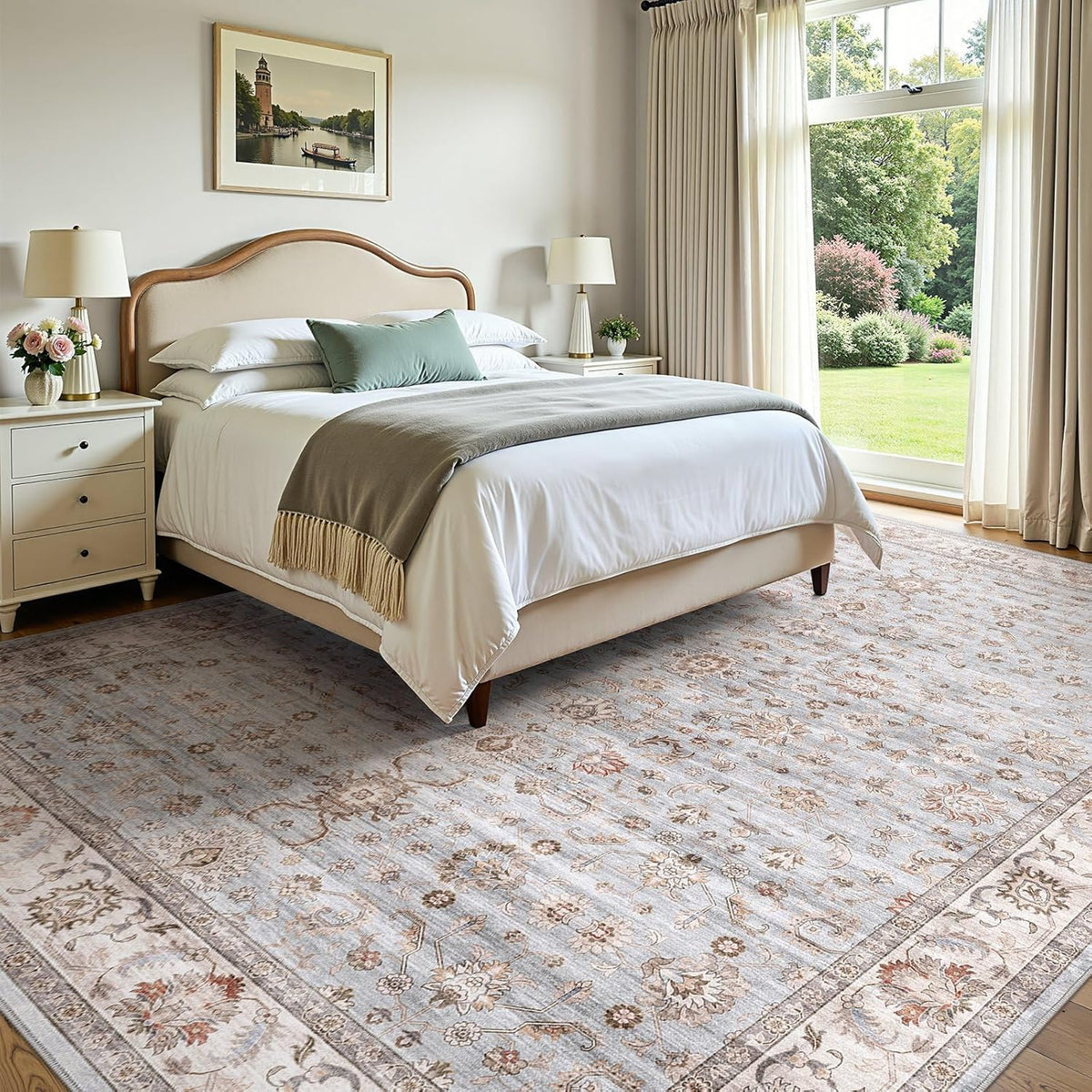Washable Area Rug Non-Slip Floral Carpet, Gray/Light Blue