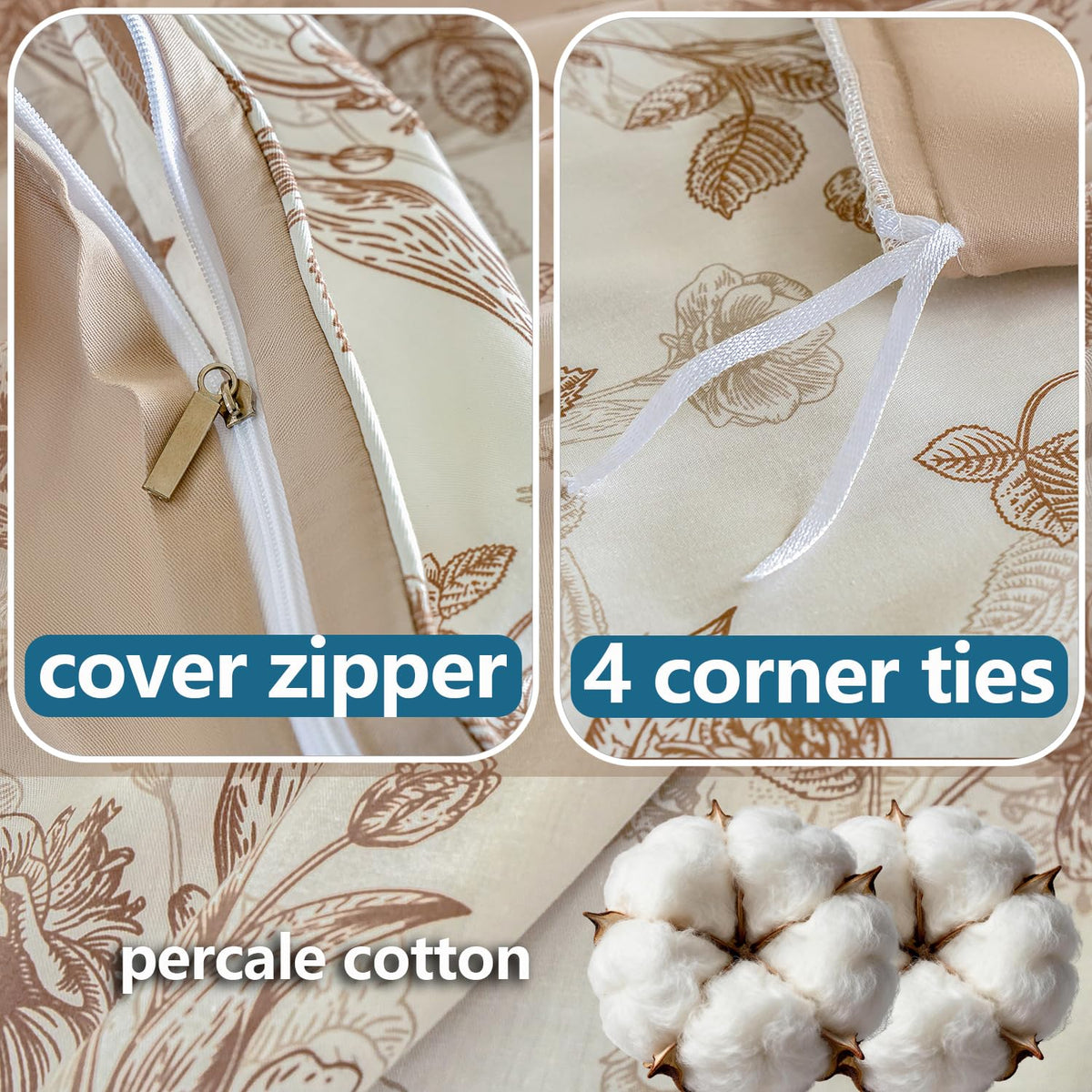 Brown Floral Duvet Cover Set 100% Percale Cotton Shabby Vintage Toile Flower Printed Comforter Covers with