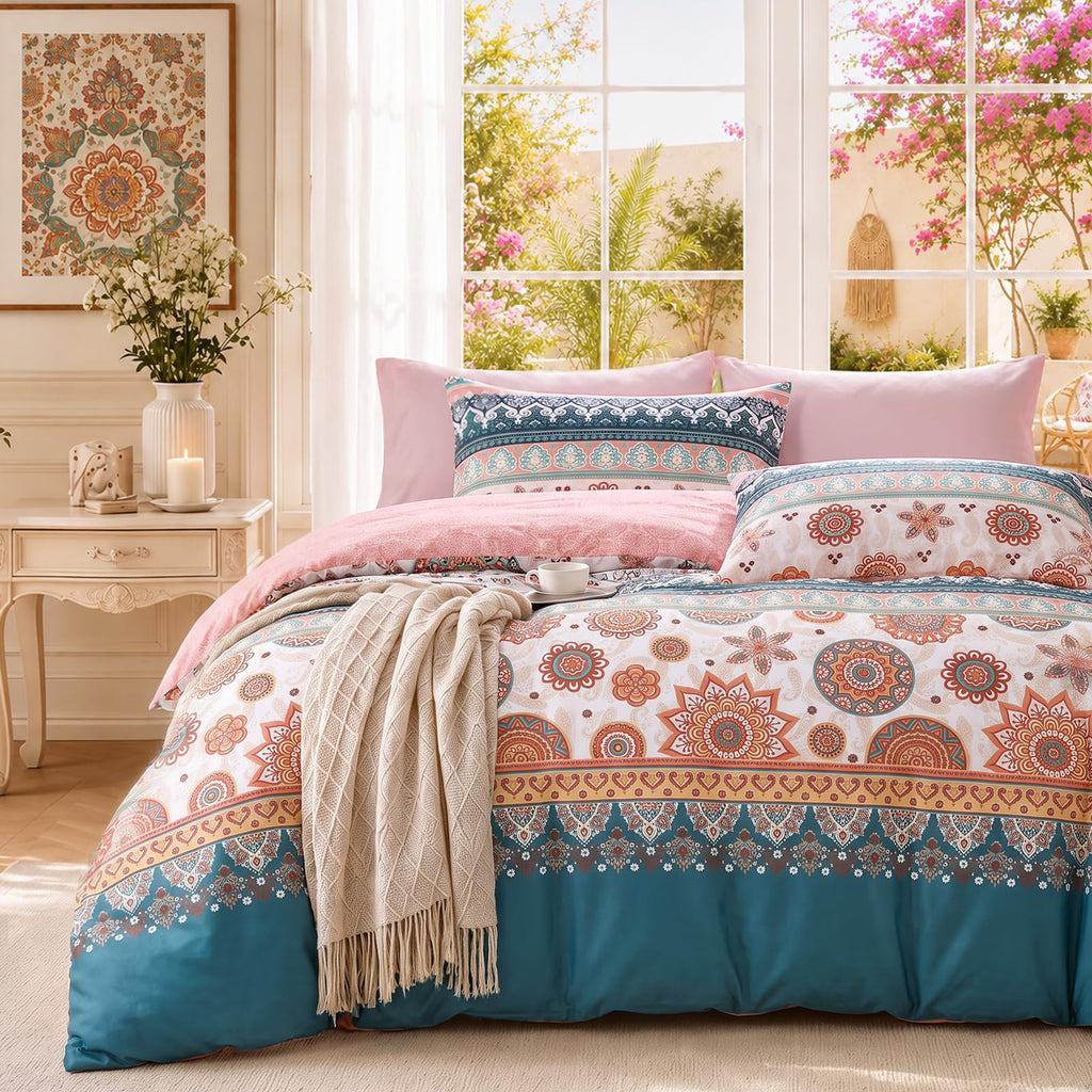 Duvet Cover Queen Size, 3-Piece Floral Boho Bedding Set