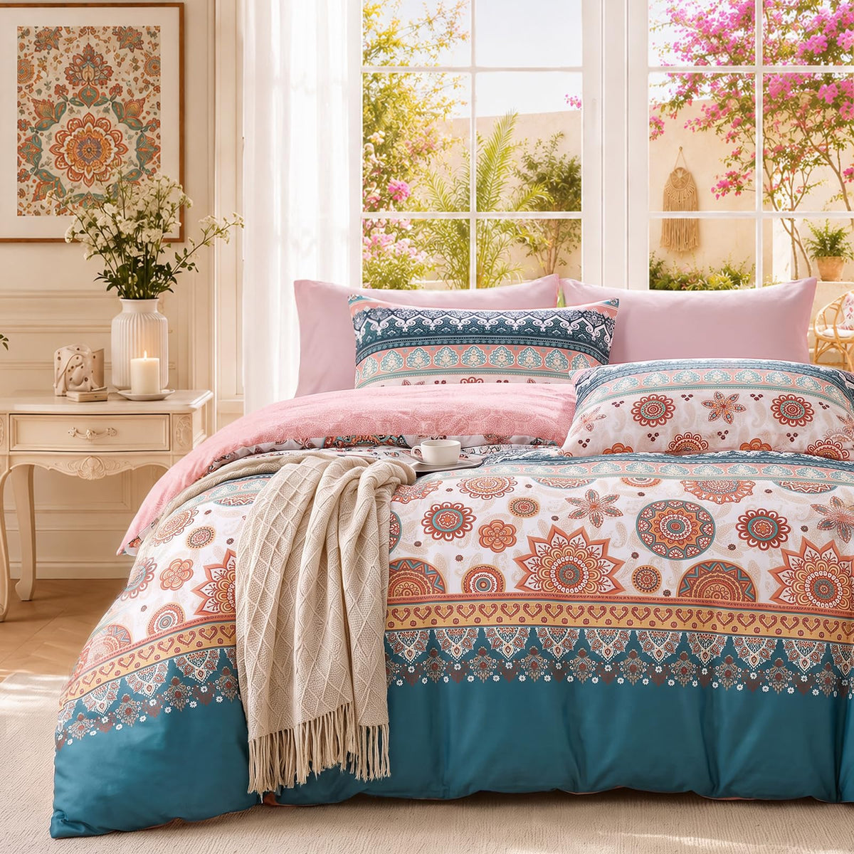 Duvet Cover Queen Size, 3-Piece Floral Boho Bedding Set