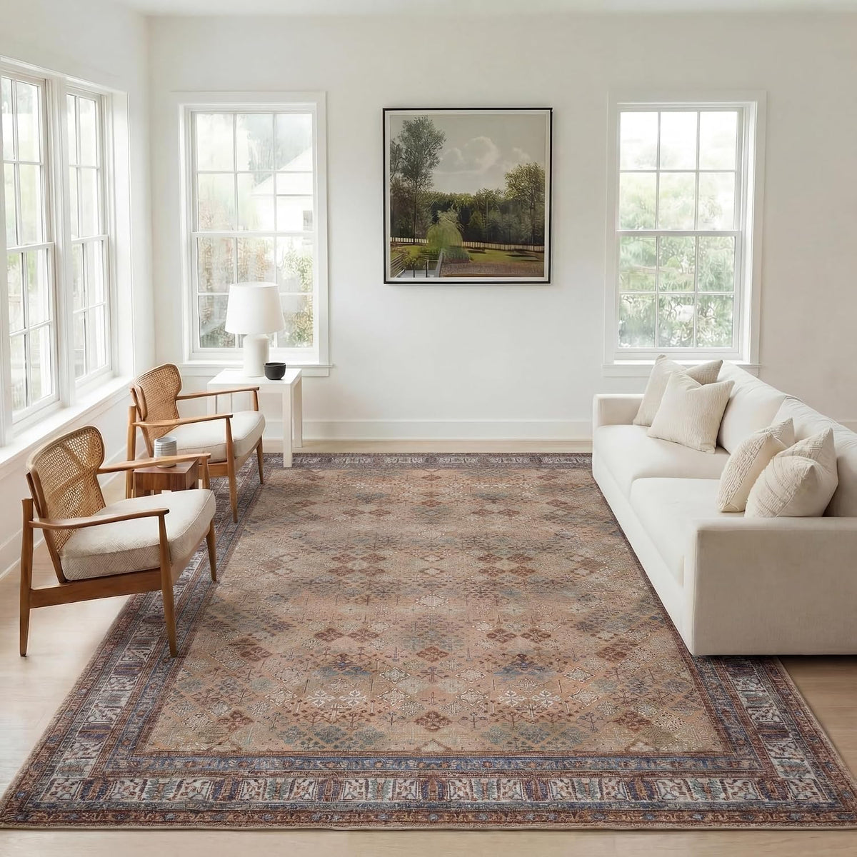 Large Area Rug, Machine Washable Area Rug with Non-Slip Backing, Vintage Style, Soft, Easy Clean, Low Pile Rug