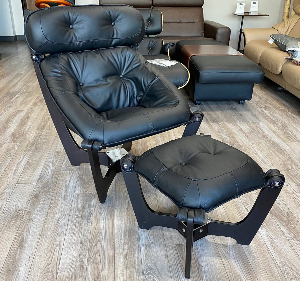 Luna High Back Leather Chair and Ottoman - Espresso Wood Frame (Black Leather)