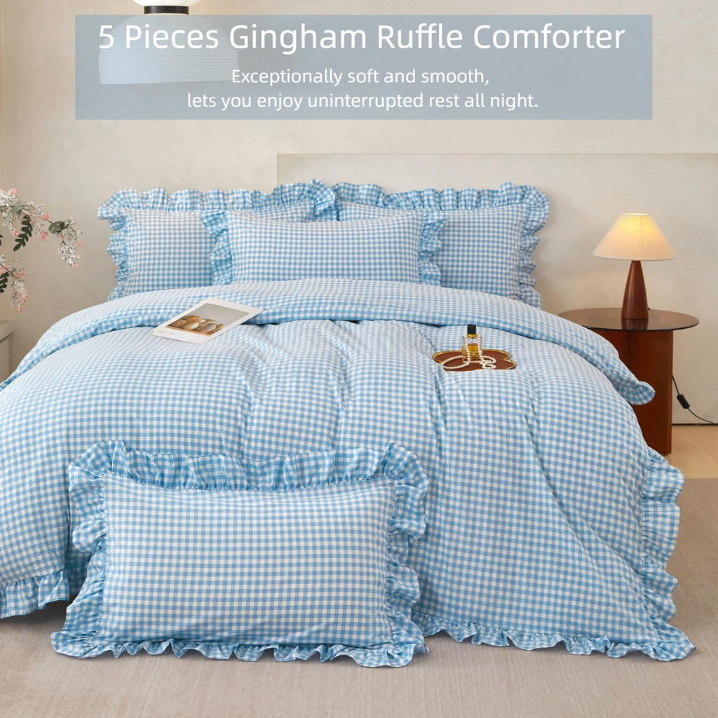 Gingham Ruffle Comforter Sets 5 Pieces Farmhouse Vintage Grid Comforter Bedding Soft Breathable Checkered