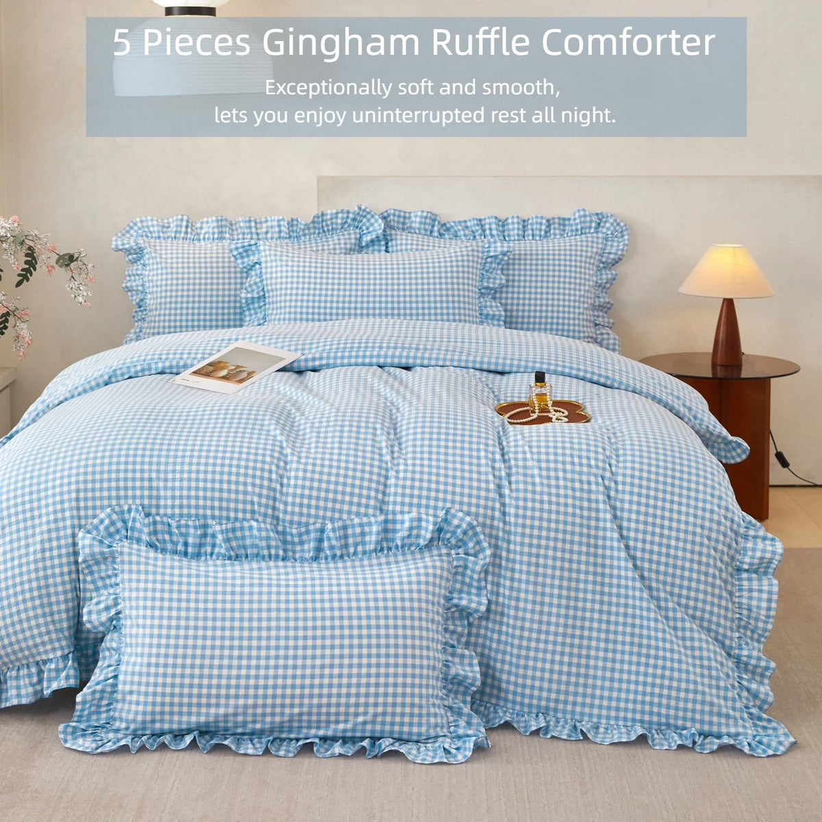 Gingham Ruffle Comforter Sets 5 Pieces Farmhouse Vintage Grid Comforter Bedding Soft Breathable Checkered