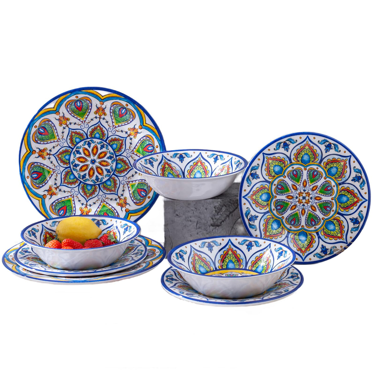 Melamine Dinnerware Set, 12 Pcs Dinner Plates Bowls Sets for Indoor and Outdoor Use, Durable Unbreakable Dishes Sets