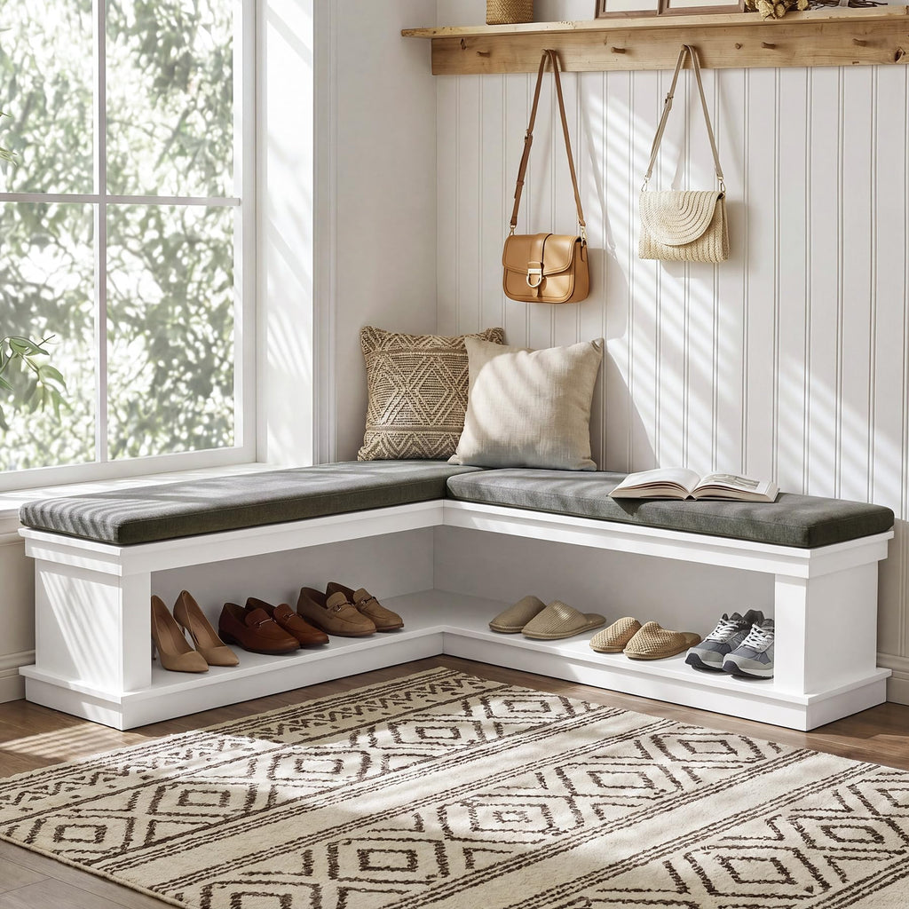 L-Shaped Storage Bench with Cushion, 55" Farmhouse Wooden Corner Entryway Shoe Bench with Open Shelves, L-Shaped