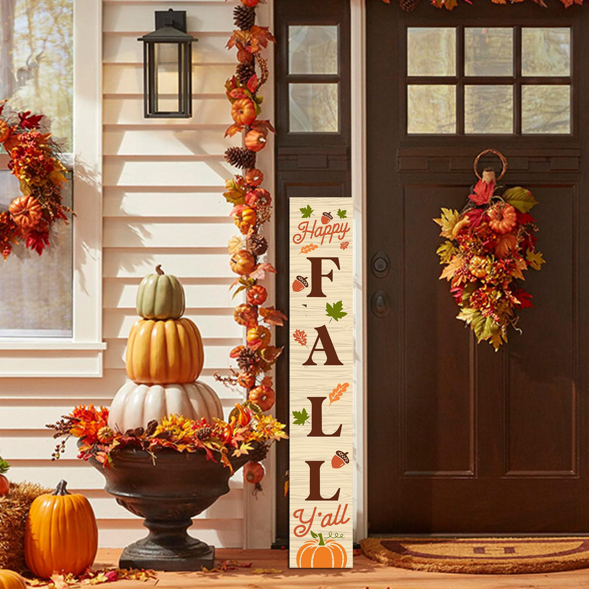 Happy Fall Sign Autumn Front Door Hanging Decor Welcome Sign Wooden Vertical Indoor Outdoor Standing Sign For Garden