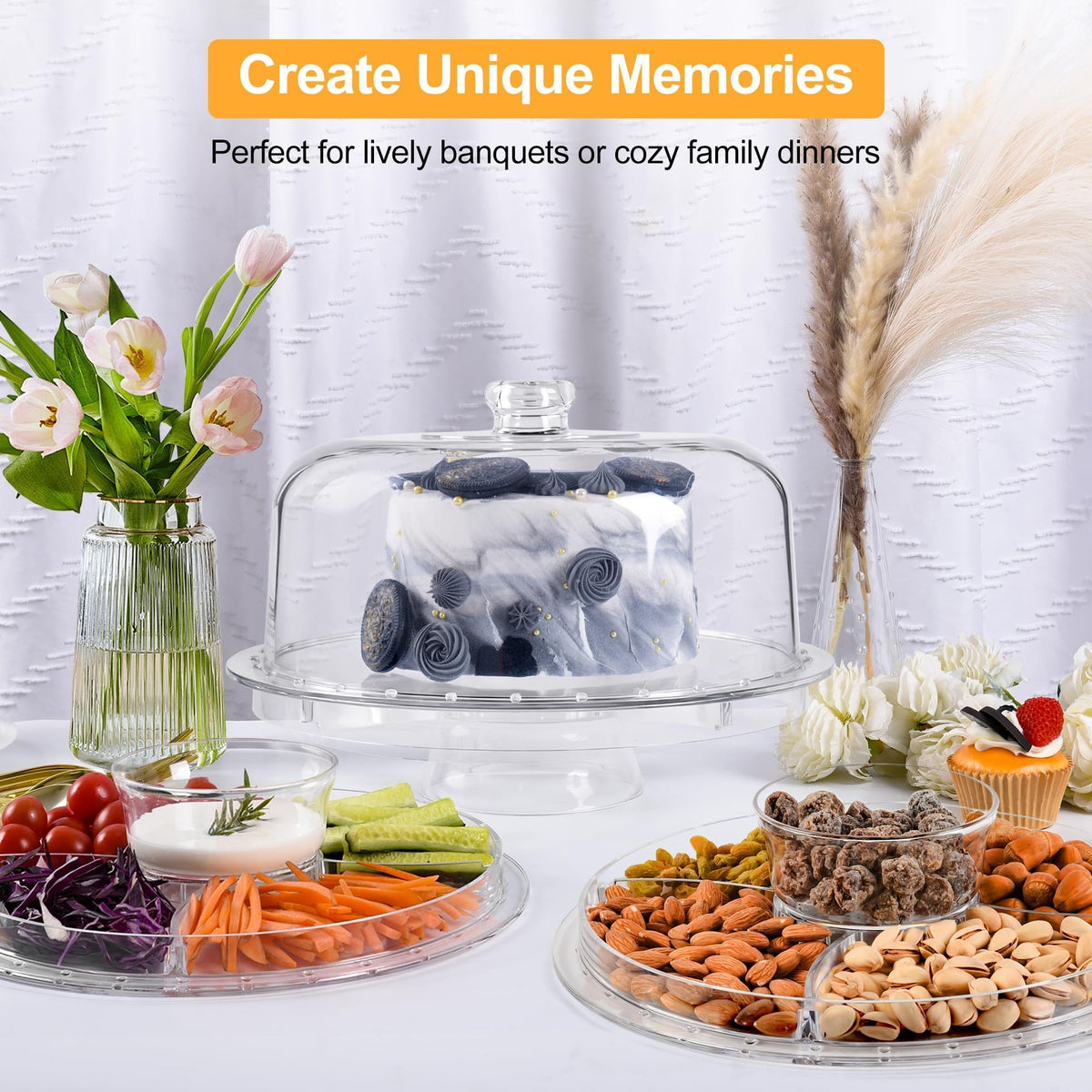 Acrylic Cake Stand with Dome Lid, 12.2 Inch 6-in-1 Clear Cake Plate Carrier with Handle, Crystal Display Holder
