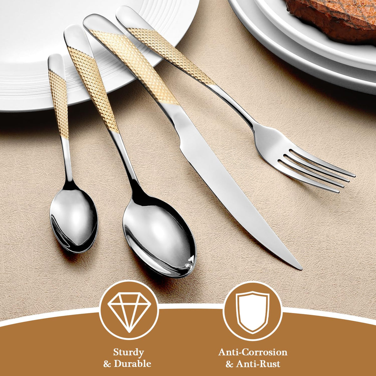 24 Piece Gold Hammered Silverware Set for 6, Premium Food-grade Stainless Steel Flatware Set, Luxury Design & Mirror