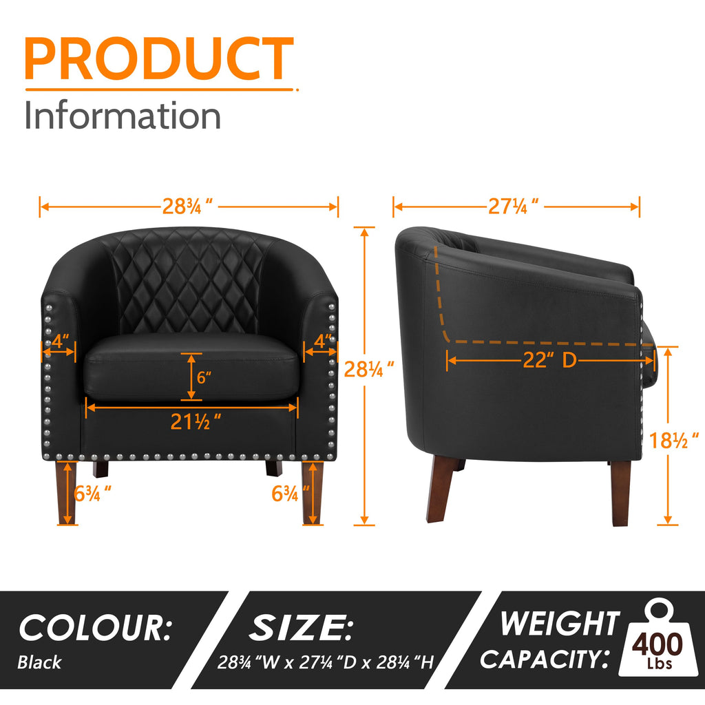Barrel Chair, Comfy Accent Chair, Faux Leather Living Room Chairs Club Chairs with Cushion, Nailhead Trim and Diamond