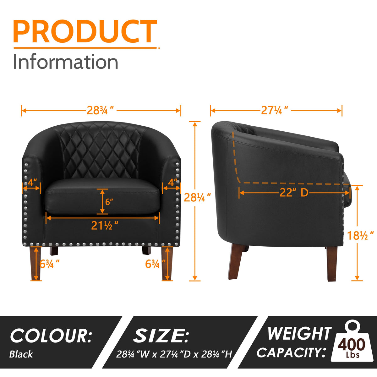 Barrel Chair, Comfy Accent Chair, Faux Leather Living Room Chairs Club Chairs with Cushion, Nailhead Trim and Diamond