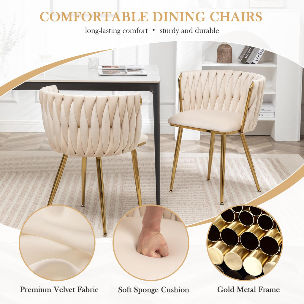 Dining Chairs Set of 2 Upholstered Dining Room Chairs Comfy Velvet Accent Chairs with Gold Metal Legs and Woven Back