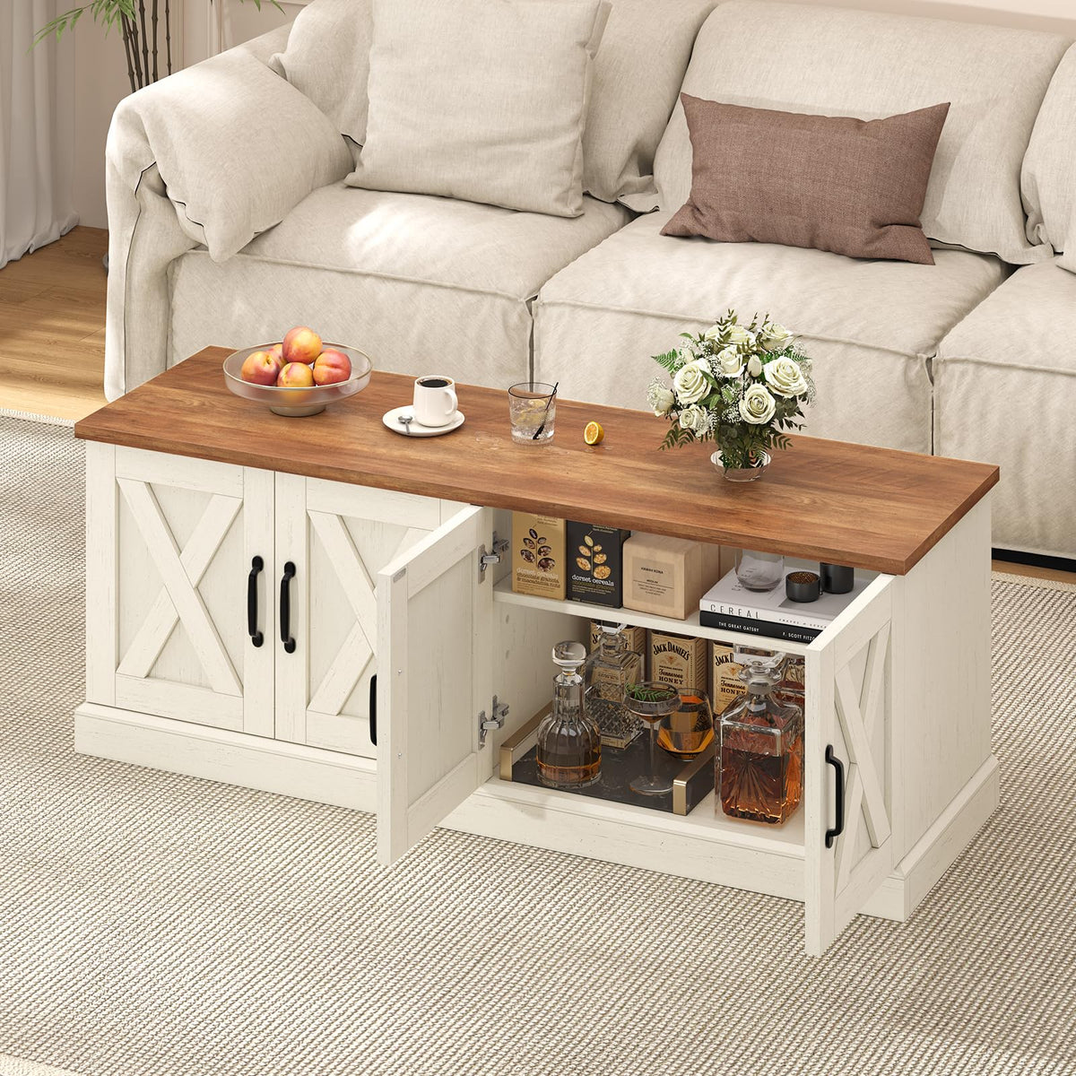 47.2" Shoe Storage Bench, Farmhouse Entryway Bench with 4 Doors & Adjustable Shelves, Shoe Bench, Hallyway, Bedroom
