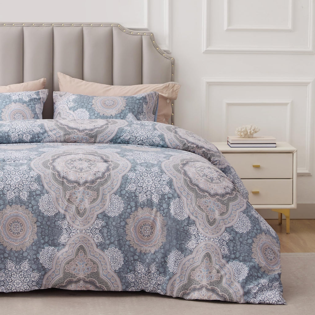 Cotton, Damask, King Comforter Set, 3 PCS, Foggy Blue