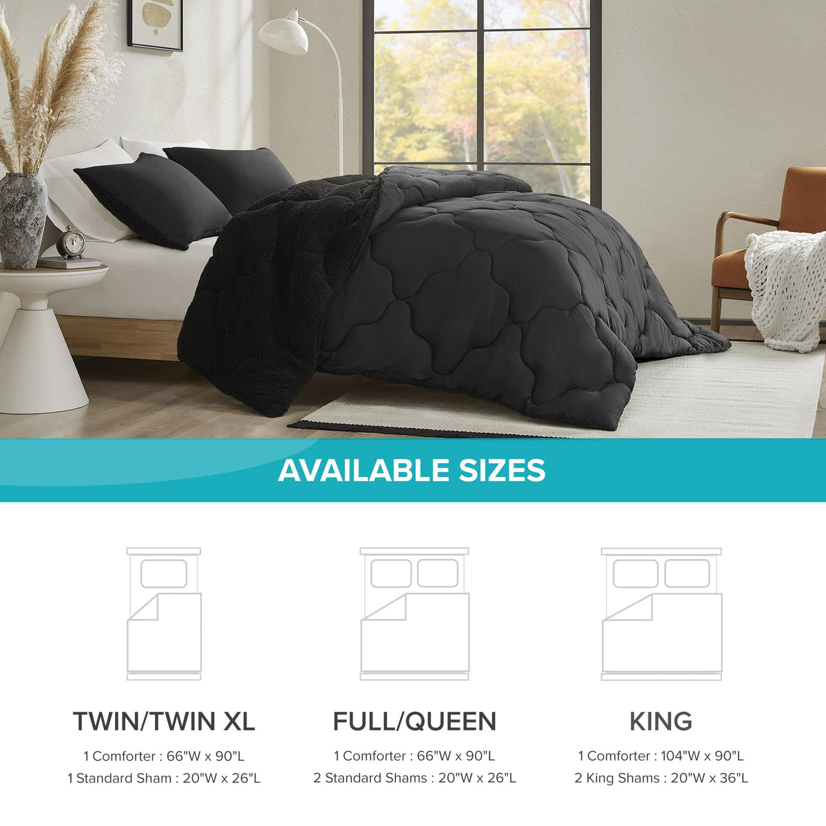 Vixie Sherpa Comforter Set, 3 Piece, Black/Black