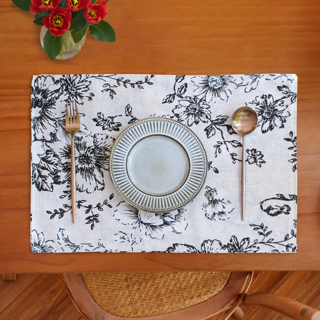 Alice Linen Floral Placemats Set of 4 Farmhouse 13x19 Inch Black
