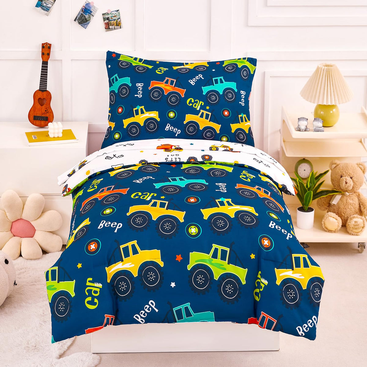 Car Toddler Boy Bedding Set Blue, 4 Pieces