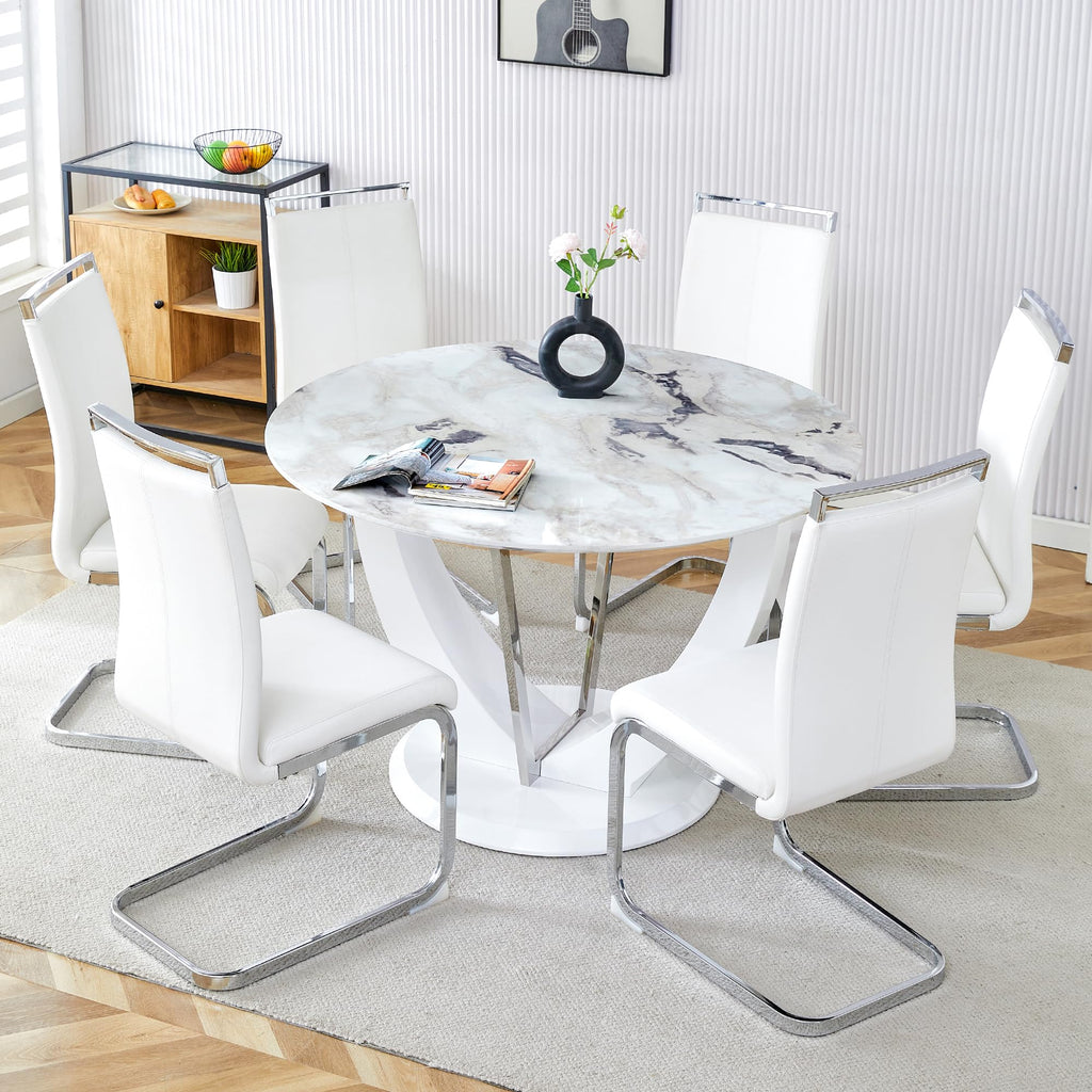 47" White Glass Round Dining Table Set 6