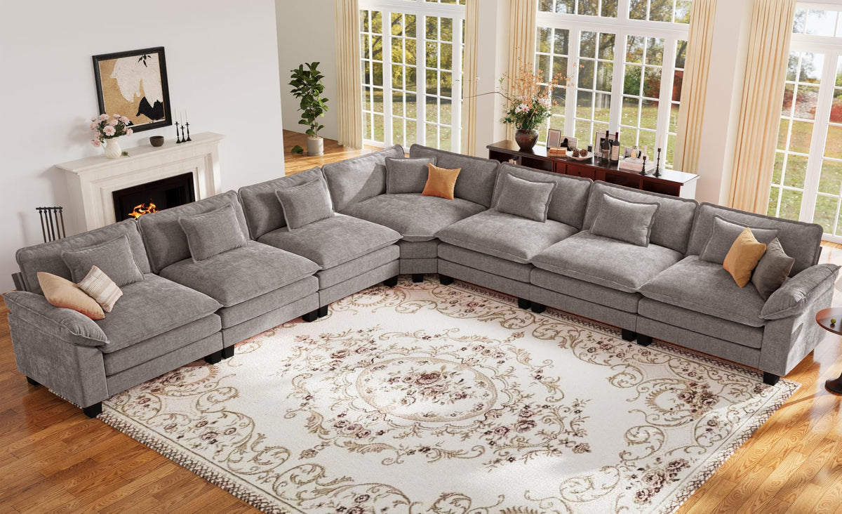 152" Oversized Modular Sectional Sofa with Corner, Comfy V-Shaped Cloud Couch, 7-Seater Chenille Deep Seat Modern