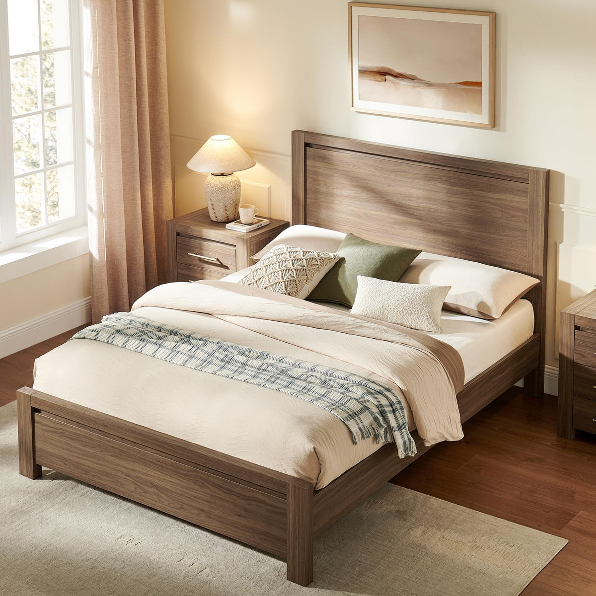 Bed Frame with Headboard, Modern Farmhouse -Size Bedframe with Wood Slat Support, Sturdy Simple Wood Bed