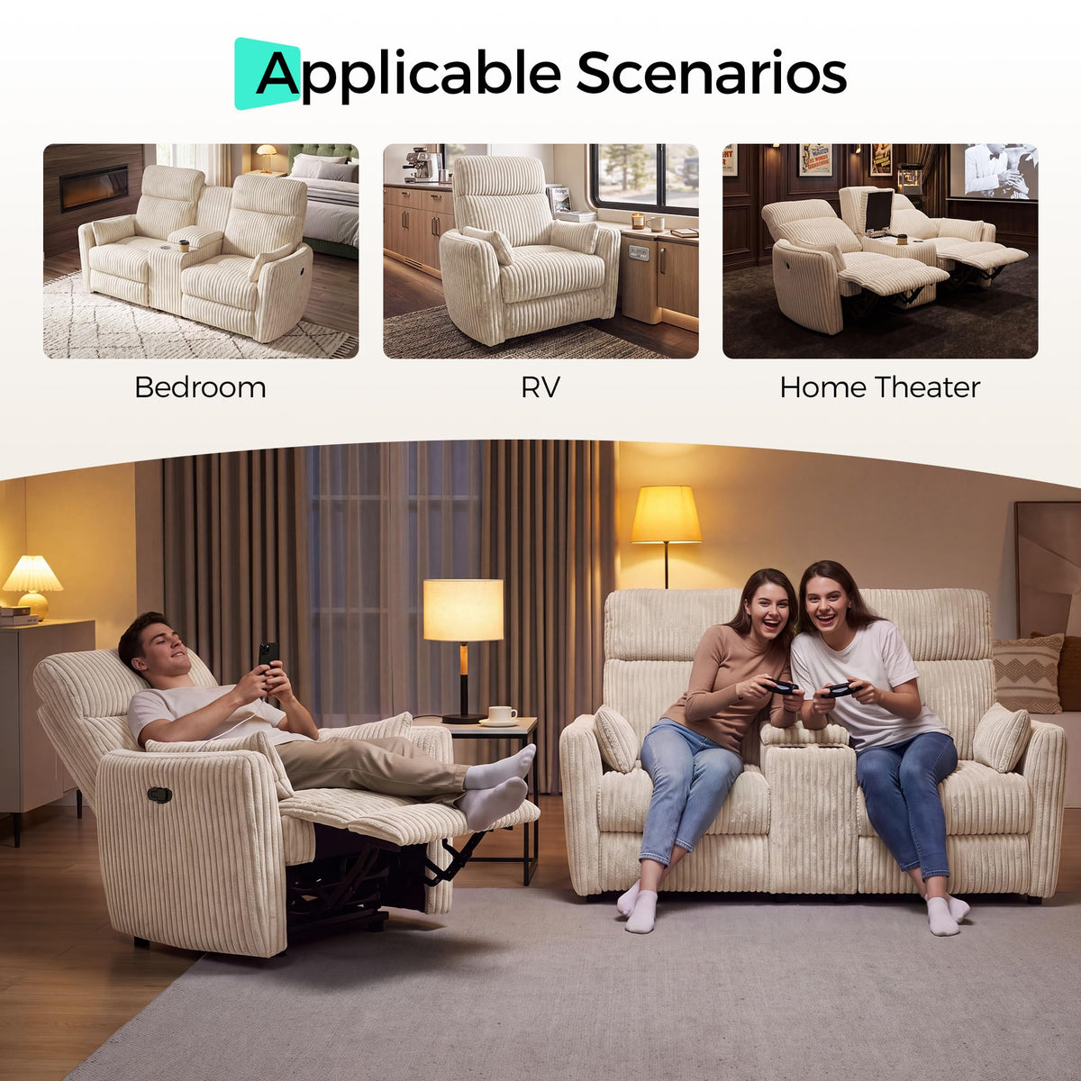 Modular 2-Seater Recliner Sofa Set with Matching Chair, Manual Corduroy Living Room Sectional with Hidden Storage