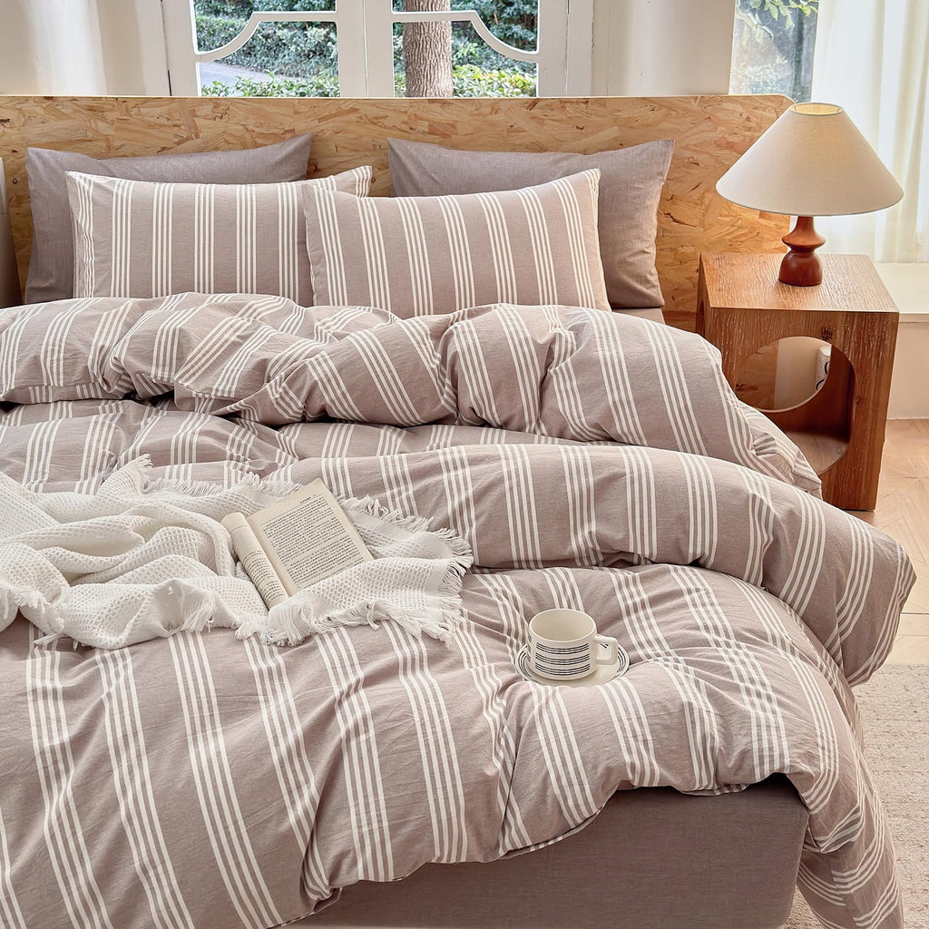 Striped Duvet Cover Set 100% Washed Cotton Linen Like Super Soft Chic Bedding Set 3 Pcs Light Brown-White