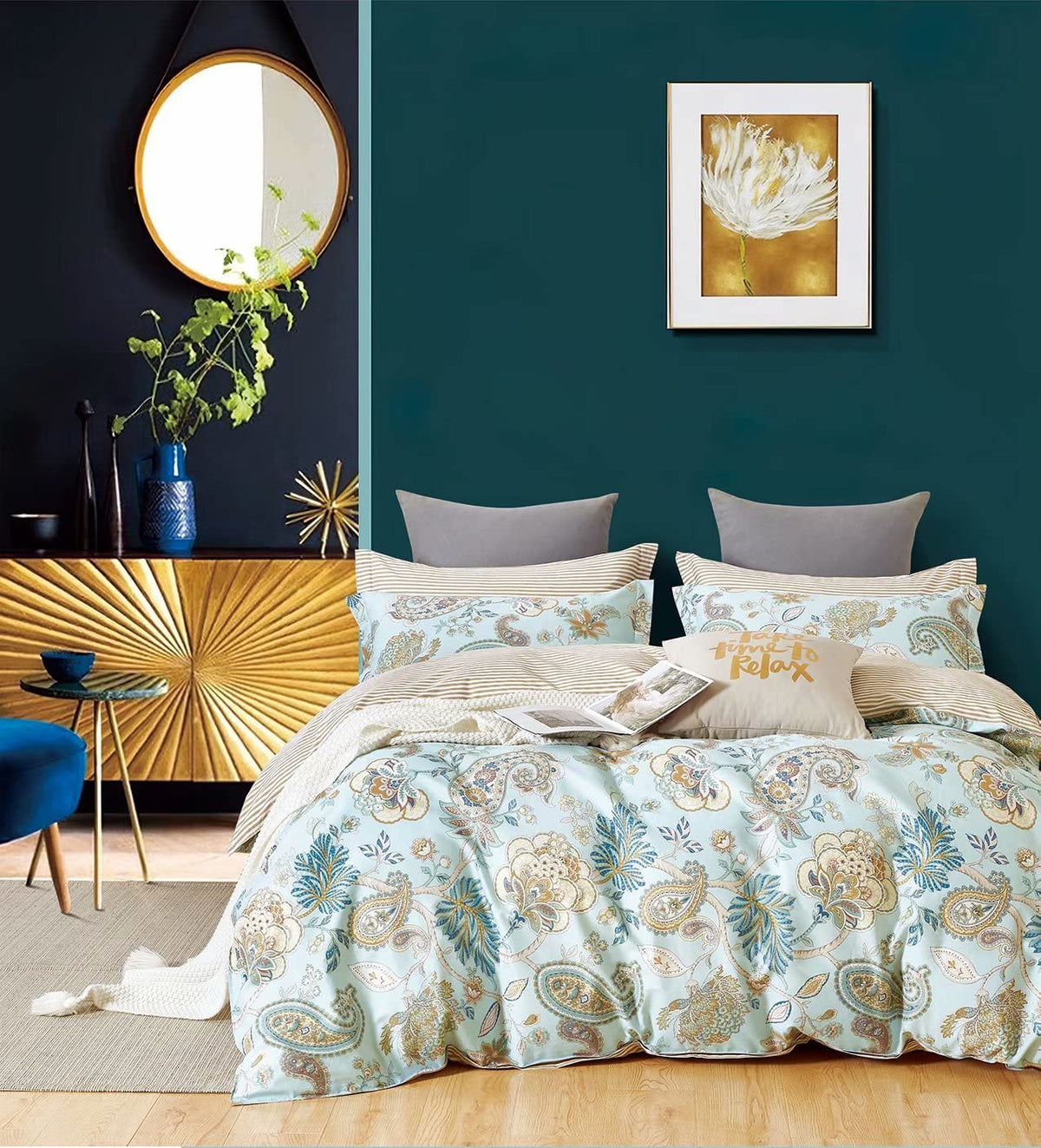 Baby Blue Paisley Floral 3-Piece Cotton Reversible Duvet Cover and Pillow Shams (King)