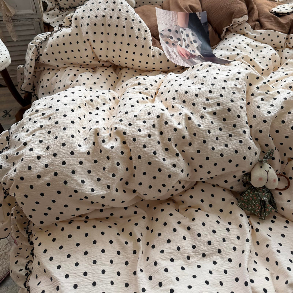 Chic Black Polka Dot Ruffled Beige Duvet Cover