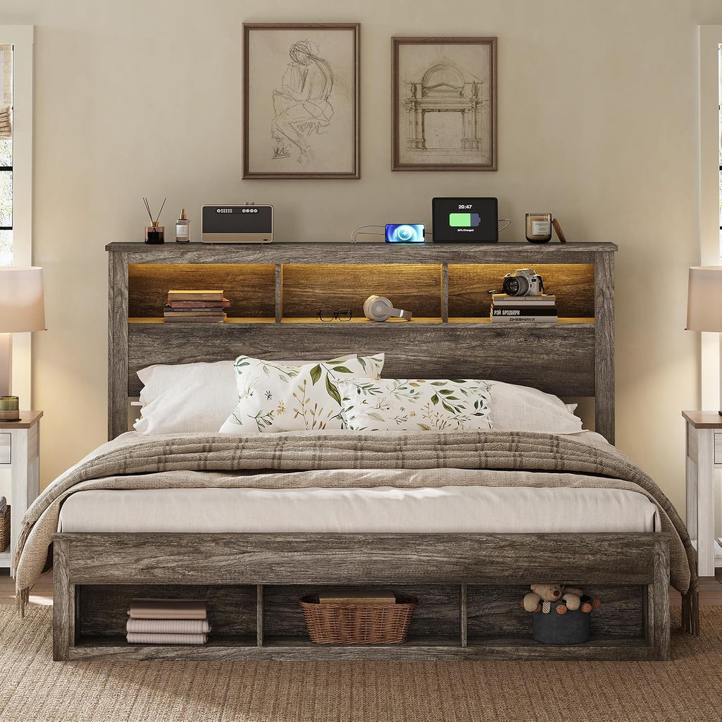 King Bed Frame with 47.2” Bookcase Storage Headboard & Footboard, Farmhouse Wooden Platform Bed with LED Light & Charging Station, No Box Spring Needed, Noise Free, Rustic Gray