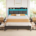 Bed Frame Full with Charging Station and LED Lights, Upholstered Storage Headboard with Drawers