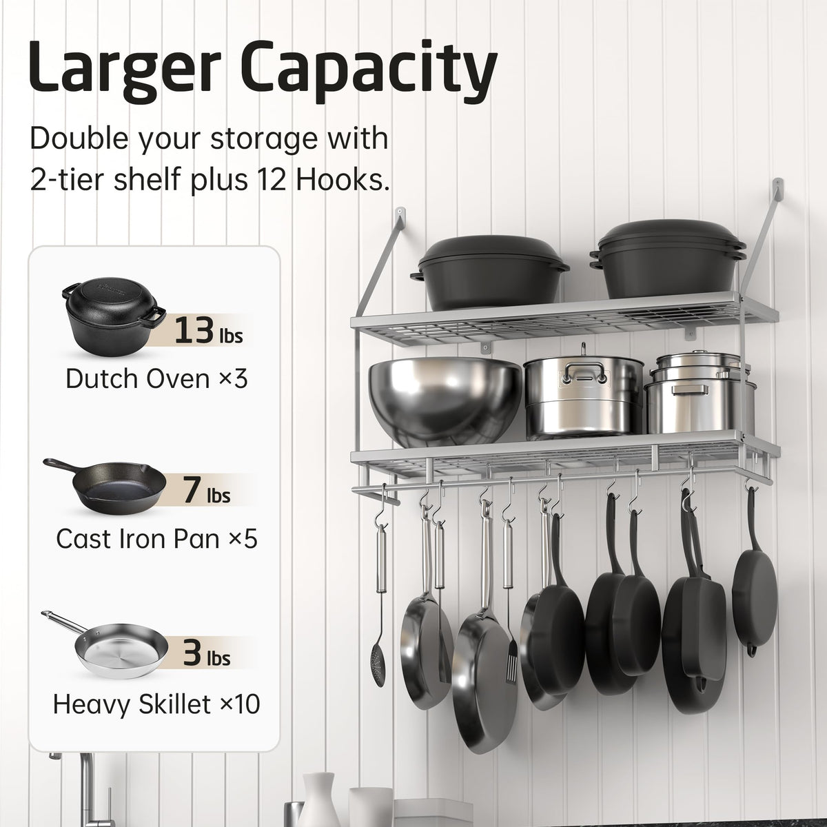 Silver Gray Pot Rack Wall Mounted, 100 Lbs Capacity