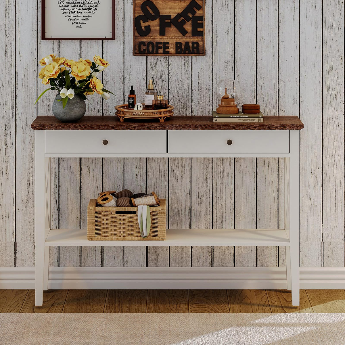 47" Farmhouse Entryway Table with Drawers and Storage Shelf