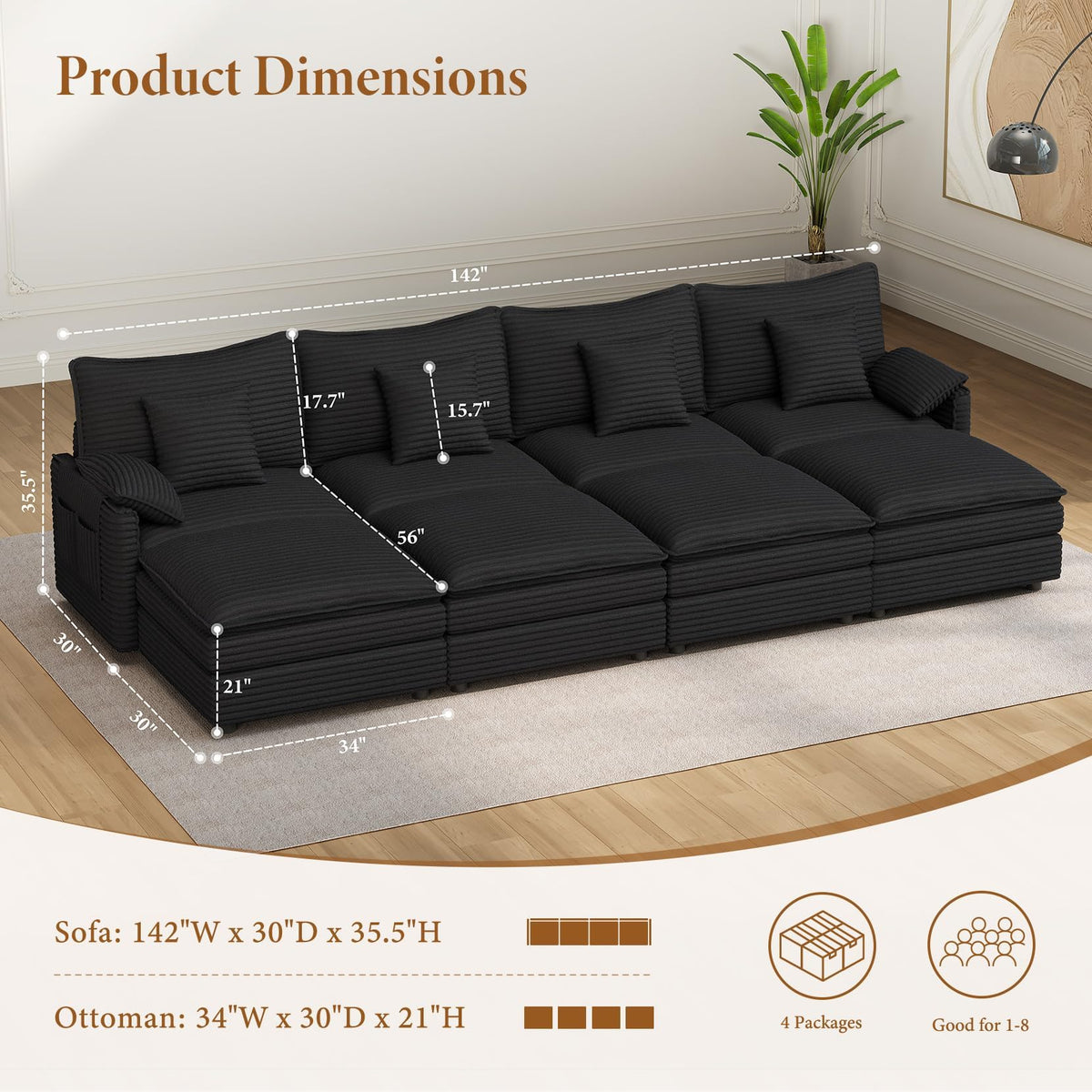 142" Cloud Sleeper Couch Living Room, Sectional Sofabed, Black