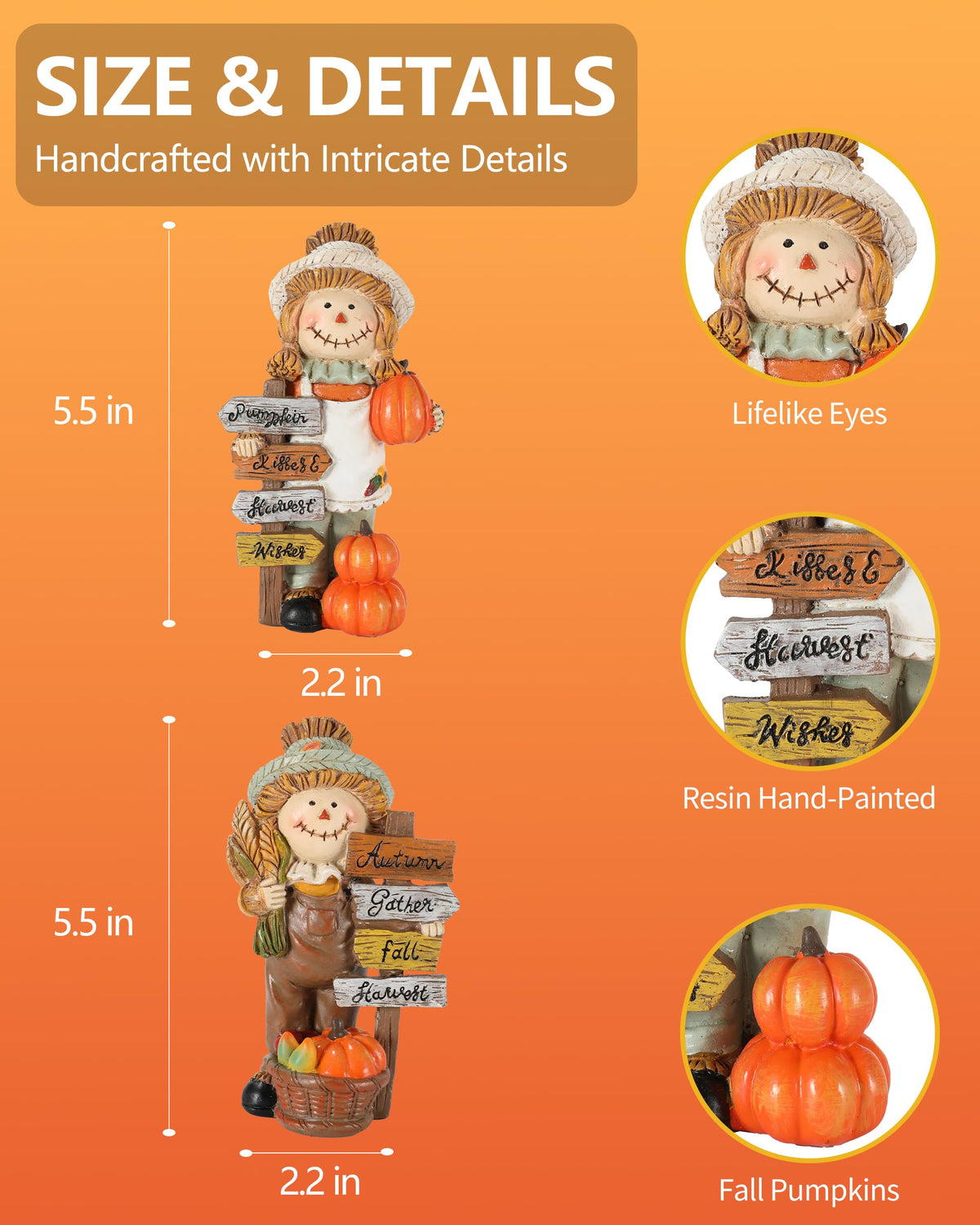 2-Pack Thanksgiving Scarecrow Figurines with Inspirational Autumn Plaques - Durable Resin 5.5'' Thanksgiving Table