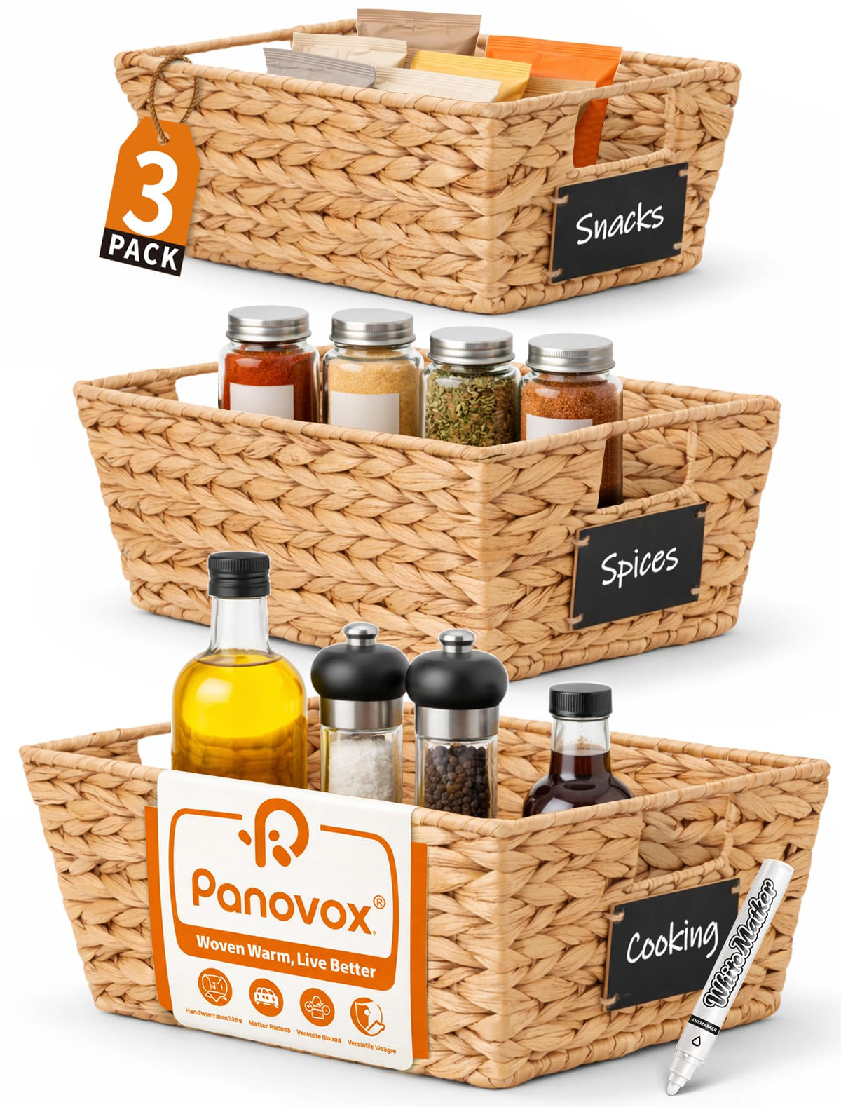 Pantry Baskets, 3 Pack Wicker Storage Baskets for Shelves, Natural