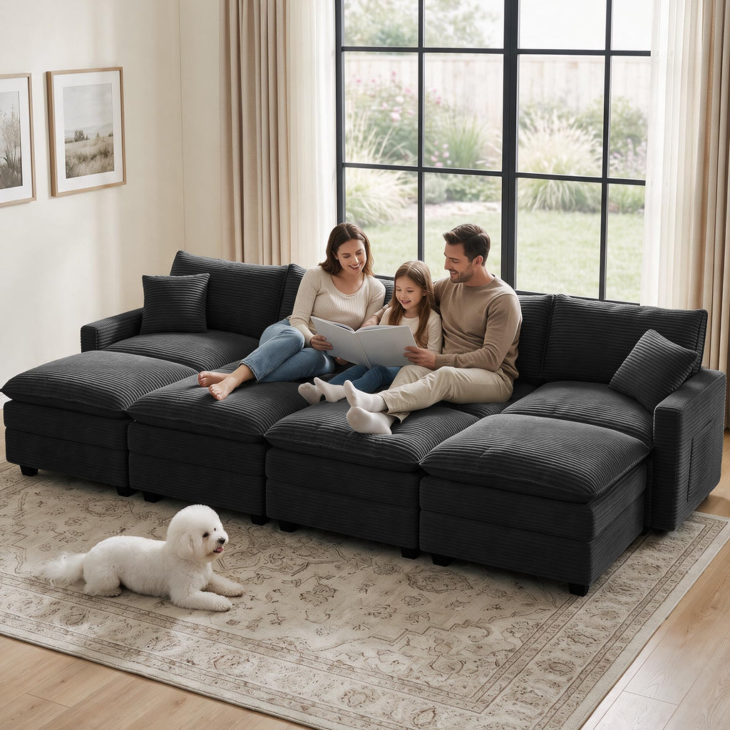 Oversized Cloud Couch Sectional, Deep Seat Modular Sofa with Ottoman, Black