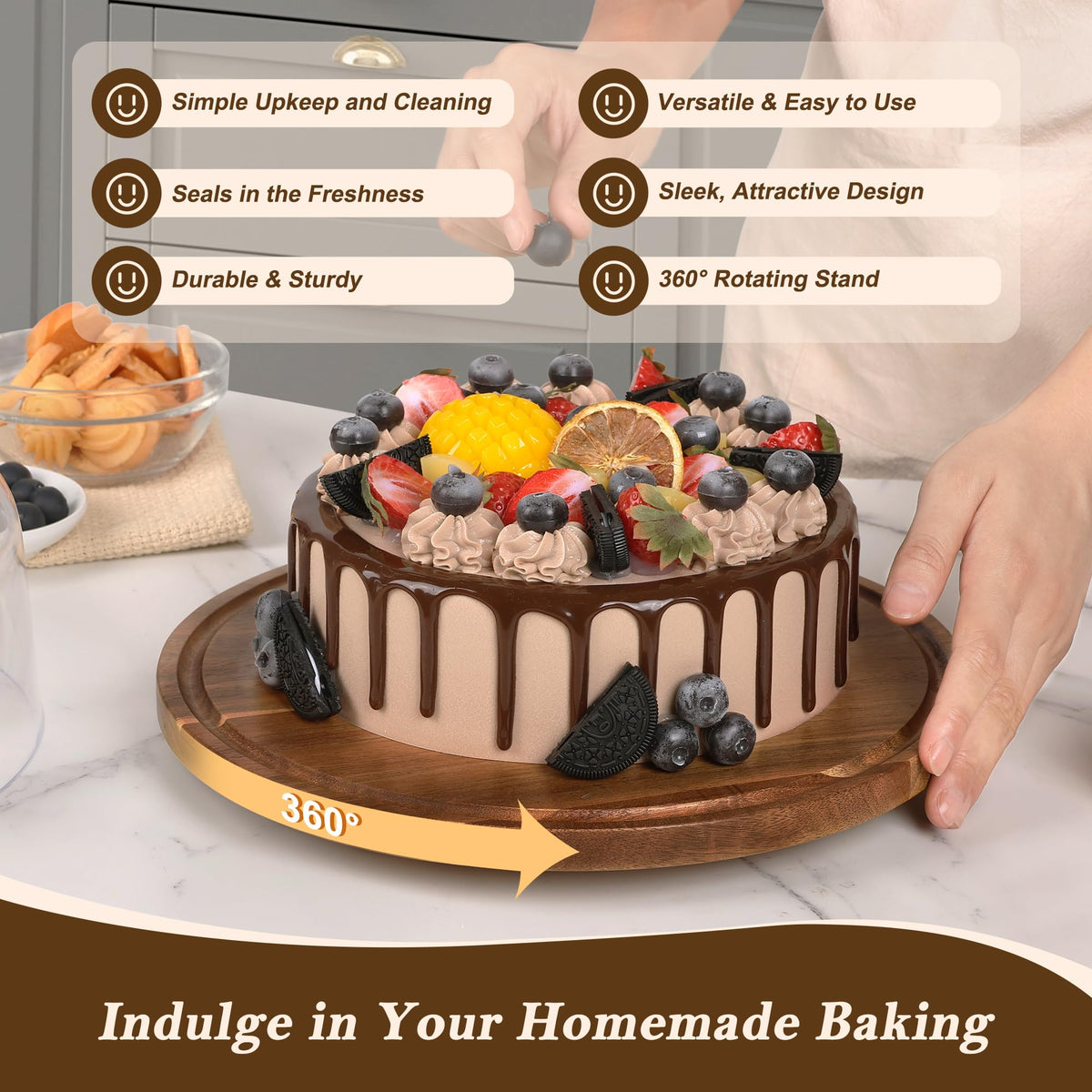Stand with Clear Acrylic Dome Lid, 12'' Acacia Wood Cake Holder
