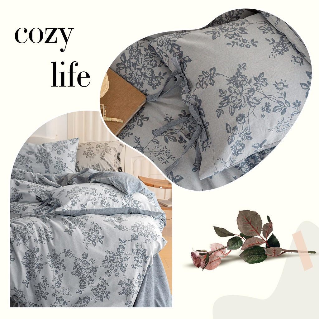 Duvet Cover Set Linen Cotton Yarn-Dyed Duvet Cover, Jacquard Garden Floral Pattern Monet Style 3Pieces