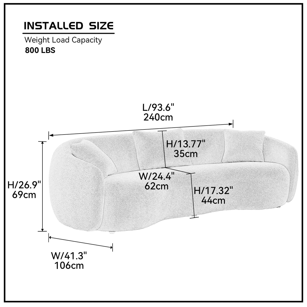 Boucle Curved Sofa, 93.6", 4-Seater, Upholstered, Solid Wood, Luxury, Cloud